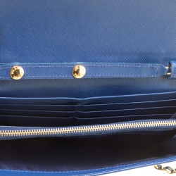 Pre Owned Prada Blue Saffiano Metal Leather Wallet On Chain