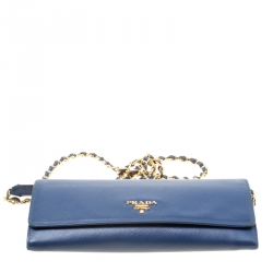 Pre Owned Prada Blue Saffiano Metal Leather Wallet On Chain