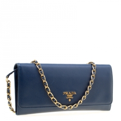Pre Owned Prada Blue Saffiano Metal Leather Wallet On Chain