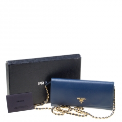 Pre Owned Prada Blue Saffiano Metal Leather Wallet On Chain