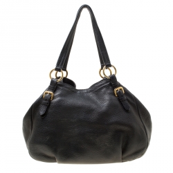 Pre Owned Prada Black Vitello Daino Leather Zip Around Hobo