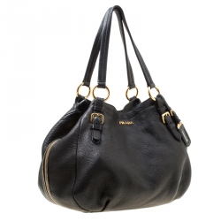 Pre Owned Prada Black Vitello Daino Leather Zip Around Hobo