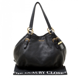 Pre Owned Prada Black Vitello Daino Leather Zip Around Hobo