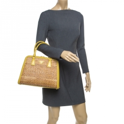 Pre Owned Prada Yellow/Brown Glazed Raffia and Patent Leather Pyramid Frame Bag