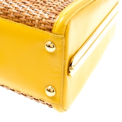 Pre Owned Prada Yellow/Brown Glazed Raffia and Patent Leather Pyramid Frame Bag