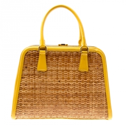 Pre Owned Prada Yellow/Brown Glazed Raffia and Patent Leather Pyramid Frame Bag
