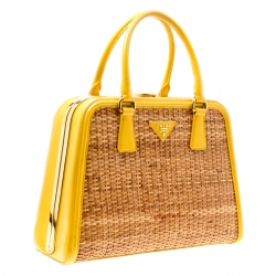Pre Owned Prada Yellow/Brown Glazed Raffia and Patent Leather Pyramid Frame Bag