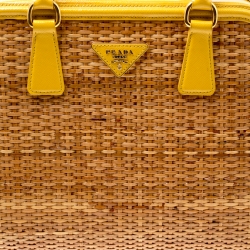 Pre Owned Prada Yellow/Brown Glazed Raffia and Patent Leather Pyramid Frame Bag