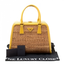 Pre Owned Prada Yellow/Brown Glazed Raffia and Patent Leather Pyramid Frame Bag