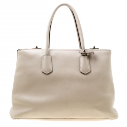 Pre Owned Prada Beige Saffiano Cuir Leather Medium Turnlock Twin Tote