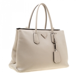 Pre Owned Prada Beige Saffiano Cuir Leather Medium Turnlock Twin Tote