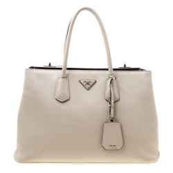 Pre Owned Prada Beige Saffiano Cuir Leather Medium Turnlock Twin Tote
