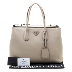 Pre Owned Prada Beige Saffiano Cuir Leather Medium Turnlock Twin Tote