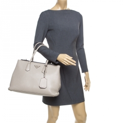 Pre Owned Prada Beige Saffiano Cuir Leather Medium Turnlock Twin Tote