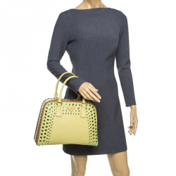 Pre Owned Prada Blush Yellow/Brown Saffiano Lux Leather Pyramid Frame Top Handle Bag