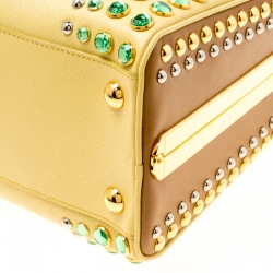 Pre Owned Prada Blush Yellow/Brown Saffiano Lux Leather Pyramid Frame Top Handle Bag