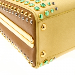 Pre Owned Prada Blush Yellow/Brown Saffiano Lux Leather Pyramid Frame Top Handle Bag