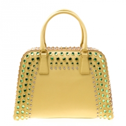 Pre Owned Prada Blush Yellow/Brown Saffiano Lux Leather Pyramid Frame Top Handle Bag