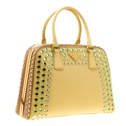 Pre Owned Prada Blush Yellow/Brown Saffiano Lux Leather Pyramid Frame Top Handle Bag