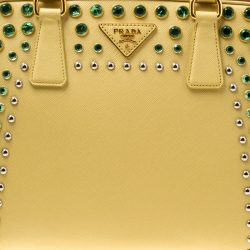 Pre Owned Prada Blush Yellow/Brown Saffiano Lux Leather Pyramid Frame Top Handle Bag