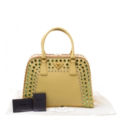 Pre Owned Prada Blush Yellow/Brown Saffiano Lux Leather Pyramid Frame Top Handle Bag