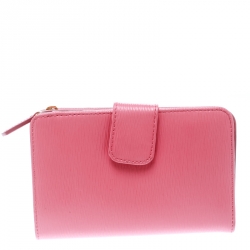 Pre Owned Prada Pink Leather Zip Around Compact Wallet