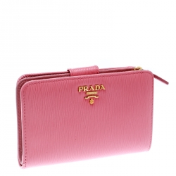 Pre Owned Prada Pink Leather Zip Around Compact Wallet
