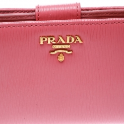 Pre Owned Prada Pink Leather Zip Around Compact Wallet