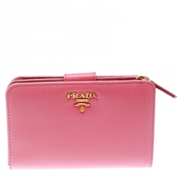 Pre Owned Prada Pink Leather Zip Around Compact Wallet