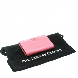 Pre Owned Prada Pink Leather Zip Around Compact Wallet