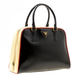 Pre Owned Prada Black/Yellow Patent Leather Pyramid Frame Top Handle Bag