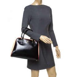 Pre Owned Prada Black/Yellow Patent Leather Pyramid Frame Top Handle Bag