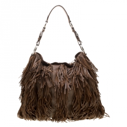 Pre Owned Prada Brown Leather Fringe Hobo 