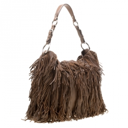 Pre Owned Prada Brown Leather Fringe Hobo 