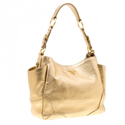 Pre Owned Prada Gold Vitello Daino Leather Side Pocket Hobo