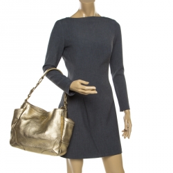 Pre Owned Prada Gold Vitello Daino Leather Side Pocket Hobo