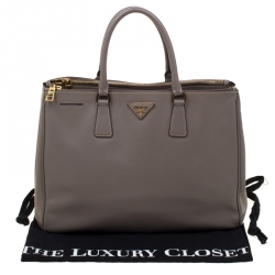 Pre Owned Prada Grey Saffiano Lux Leather Double Zip Tote