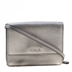 Pre Owned Prada Silver Saffiano Leather Mini Crossbody Bag