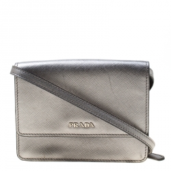 Pre Owned Prada Silver Saffiano Leather Mini Crossbody Bag