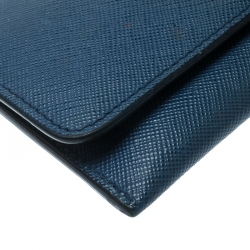 Pre Owned Prada Blue Saffiano Triang Leather Card Holder