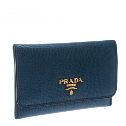 Pre Owned Prada Blue Saffiano Triang Leather Card Holder