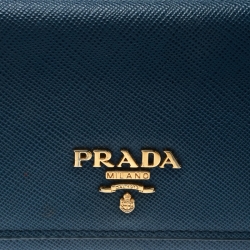 Pre Owned Prada Blue Saffiano Triang Leather Card Holder