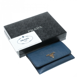 Pre Owned Prada Blue Saffiano Triang Leather Card Holder