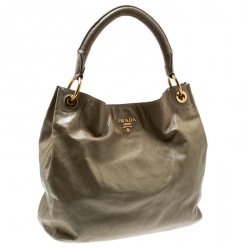 Pre Owned Prada Light Olive Green Leather Hobo
