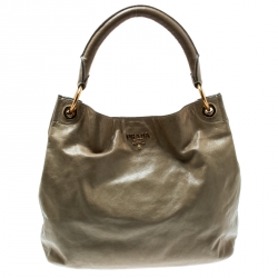 Pre Owned Prada Light Olive Green Leather Hobo