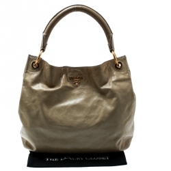 Pre Owned Prada Light Olive Green Leather Hobo