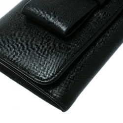 Pre Owned Prada Black Saffiano Leather Bow Continental Wallet