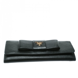 Pre Owned Prada Black Saffiano Leather Bow Continental Wallet