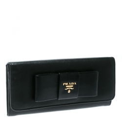 Pre Owned Prada Black Saffiano Leather Bow Continental Wallet