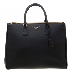 Pre Owned Prada Black Saffiano Lux Leather Executive Double Zip Top Handle Bag